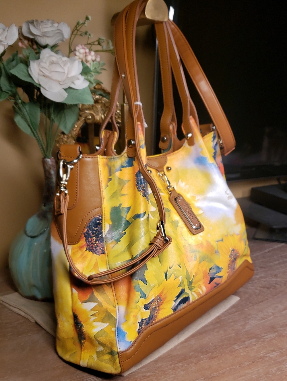 Sharif Sunflower Print Canvas & Leather Crossbody Tote (Retail $260) - Picture 4 of 12